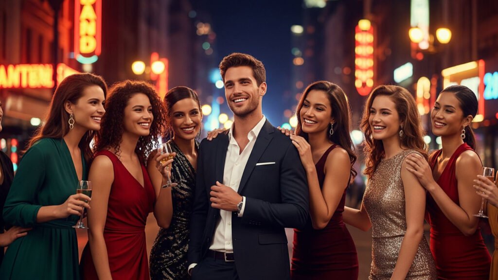 Um homem sorridente de terno está no centro, cercado por seis mulheres que sorriem e interagem com ele. Todos parecem estar em uma festa noturna, com a cidade iluminada e luzes de neon ao fundo.