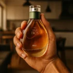 Uma mão segura o frasco do perfume Natura Ekos Raiz em um ambiente interno desfocado. O líquido de cor âmbar e o design do frasco, com a tampa em verde, são visíveis.