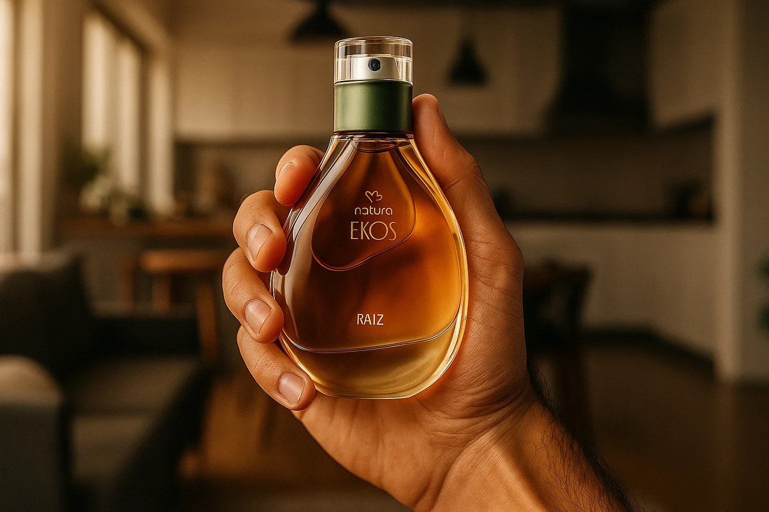 Uma mão segura o frasco do perfume Natura Ekos Raiz em um ambiente interno desfocado. O líquido de cor âmbar e o design do frasco, com a tampa em verde, são visíveis.