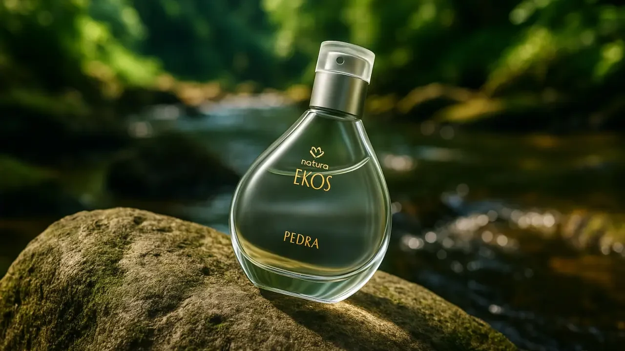Perfume Ekos pedra em cima de uma pedra na floresta