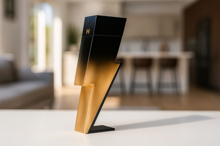 Frasco do perfume Carolina Herrera Bad Boy Extreme em formato de raio preto com degradê dourado sobre uma superfície branca, em ambiente interno com iluminação natural.