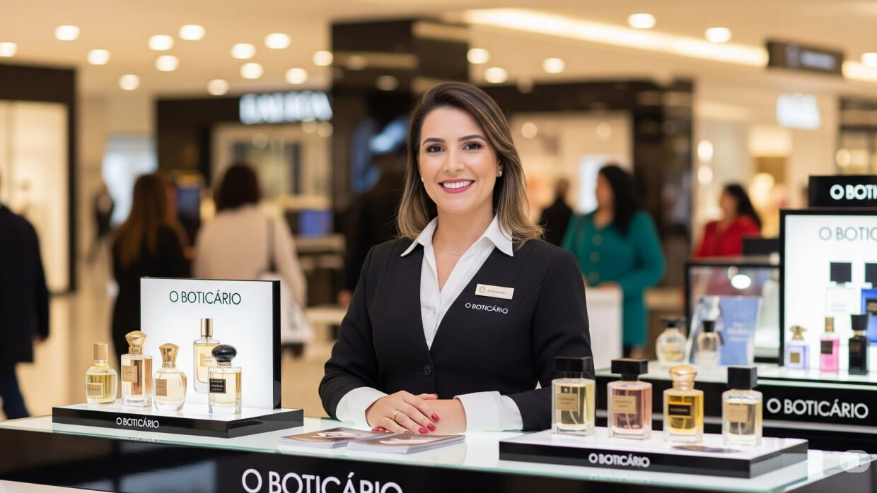Vendedora de O Boticario em loja de shoping sorrino