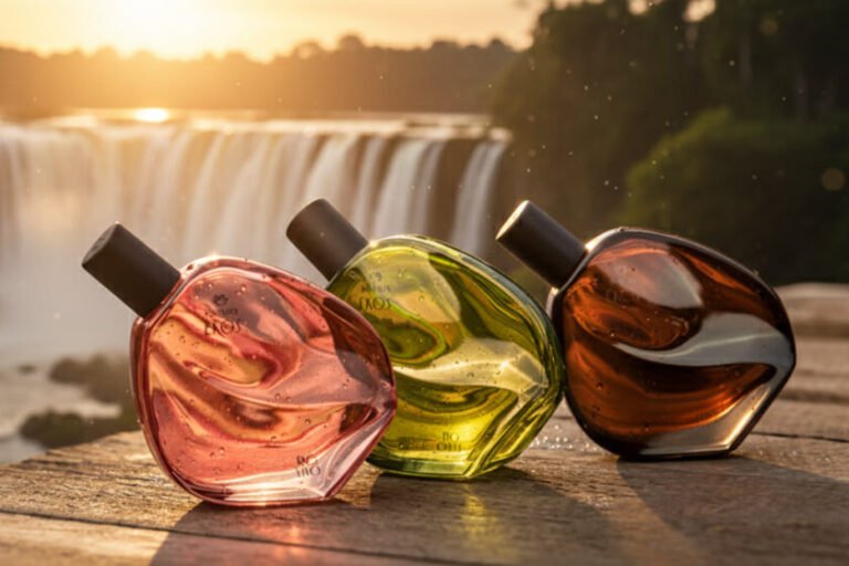 Perfumes Ekos Rio Vivo, Rio Festa e Rio Chuva com embalagens coloridas em um píer de madeira, com uma cachoeira, um rio e pingos de chuva hiper-realistas ao fundo.