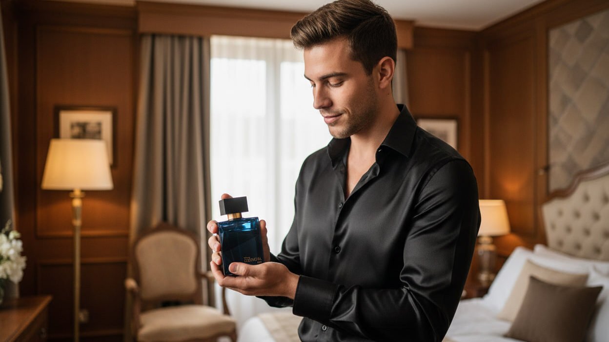 Homem elegante com perfume Essencial oud nas mãos em um quarto com iluminação natural
