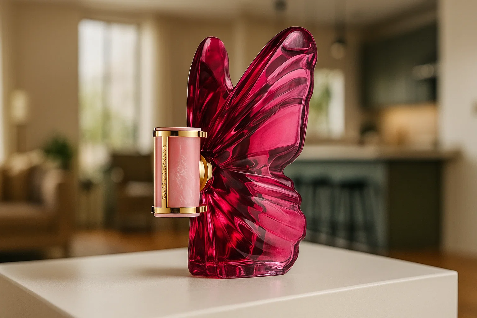 Frasco do perfume La Bomba Carolina Herrera em formato de borboleta rosa com detalhes dourados, exibido em ambiente sofisticado, representando luxo, feminilidade e ousadia.