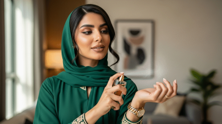 jovem mulher árabe com lenço de cabeça verde e abaya, aplicando perfume no pulso. Ambiente interno moderno.