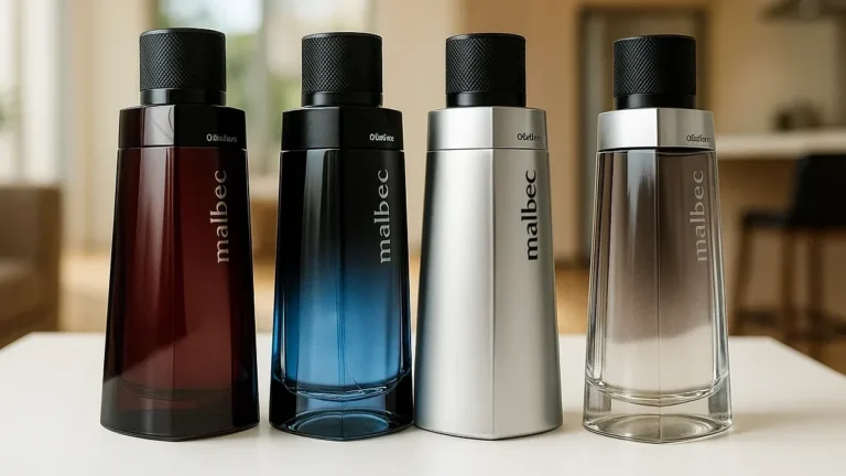 Quatro frascos dos perfumes Malbec, do Boticário, alinhados em uma mesa. Da esquerda para a direita, os frascos são: Malbec (em marrom-avermelhado), Malbec Bleu (em azul), Malbec Signature (em prata escuro) e Malbec Gold (em prata-champanhe). Os frascos têm o design clássico e elegante da linha Malbec, com o nome do perfume em relevo.