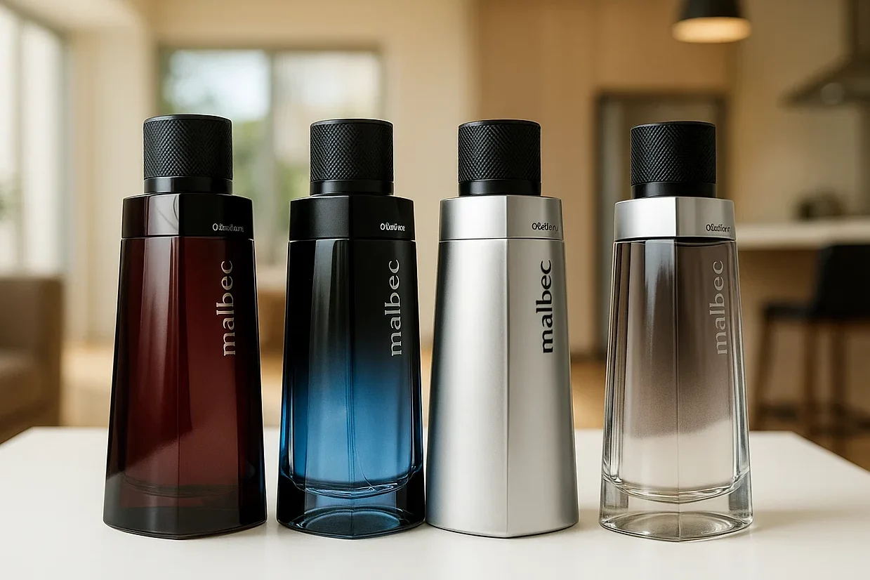 Quatro frascos dos perfumes Malbec, do Boticário, alinhados em uma mesa. Da esquerda para a direita, os frascos são: Malbec (em marrom-avermelhado), Malbec Bleu (em azul), Malbec Signature (em prata escuro) e Malbec Gold (em prata-champanhe). Os frascos têm o design clássico e elegante da linha Malbec, com o nome do perfume em relevo.
