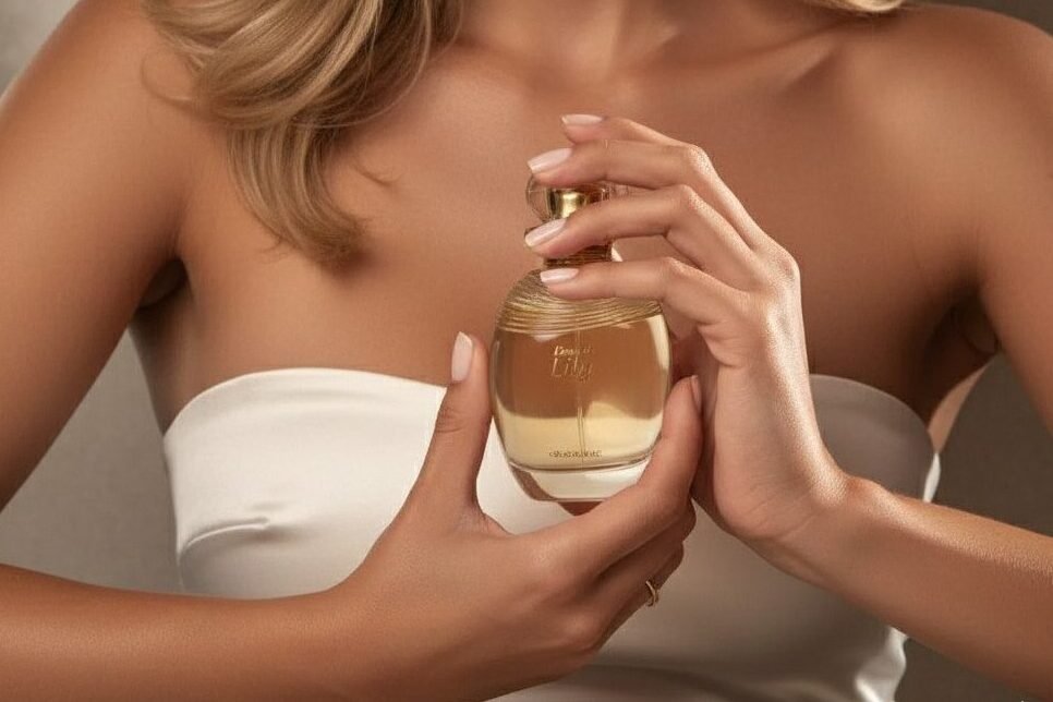 Mulher loira em estúdio, segurando frasco de perfume oval dourado. Veste tomara que caia branco, cabelo ondulado sobre os ombros.