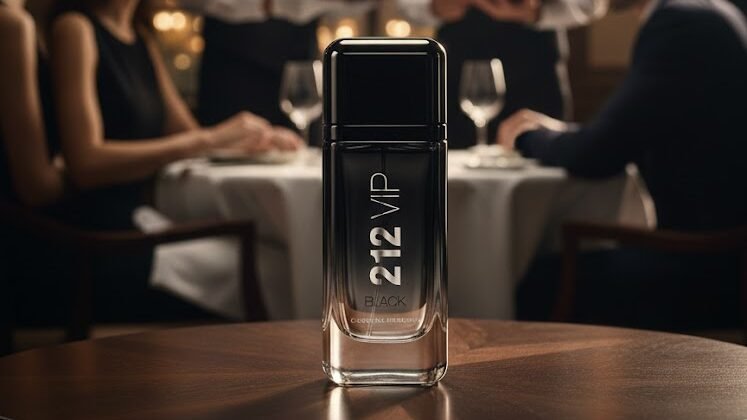 Frasco do perfume 212 VIP Black de Carolina Herrera centralizado em uma mesa de restaurante luxuoso à noite, com iluminação dramática e fundo bokeh desfocado mostrando garçons e convidados elegantes