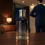 Frasco de perfume Boss Bottled Beyond masculino em destaque sobre mesa de madeira, com homem de terno se arrumando em fundo noturno de luxo.