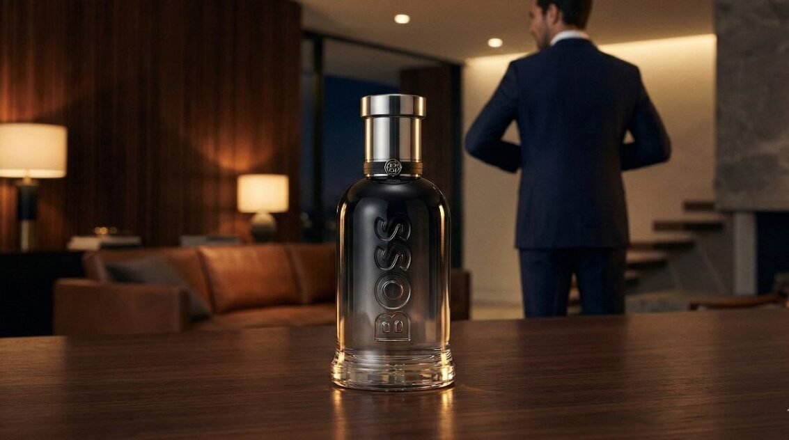 Frasco de perfume Boss Bottled Beyond masculino em destaque sobre mesa de madeira, com homem de terno se arrumando em fundo noturno de luxo.