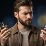 Homem jovem e barbudo com expressão de dúvida, segurando um frasco de perfume original em uma mão e um perfume dupe (contratipo) na outra, comparando as duas opções.