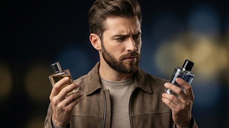 Homem jovem e barbudo com expressão de dúvida, segurando um frasco de perfume original em uma mão e um perfume dupe (contratipo) na outra, comparando as duas opções.