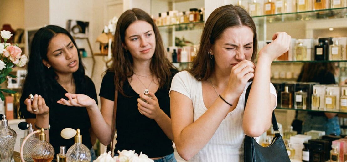 Uma jovem mulher com expressão de nojo e desgosto cheira o perfume em seu pulso dentro de uma boutique de fragrâncias, enquanto suas duas amigas a observam com expressões de confusão e surpresa.