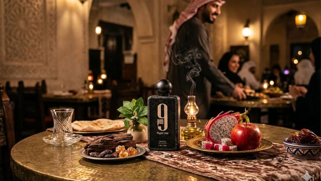 Foto de estúdio do frasco de perfume "9 pm Night Out" da Afnan, cercado por madeira, pitaya, maçã e hortelã sob iluminação quente.