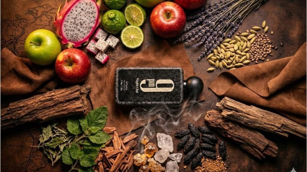 Foto flat lay vista de cima mostrando o frasco de perfume Afnan "9 pm Night Out" cercado por frutas, madeiras, especiarias e folhas sobre uma superfície de couro.