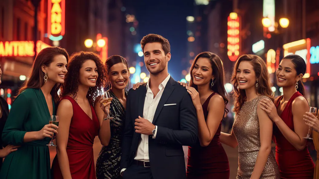 Um homem sorridente de terno está no centro, cercado por seis mulheres que sorriem e interagem com ele. Todos parecem estar em uma festa noturna, com a cidade iluminada e luzes de neon ao fundo.
