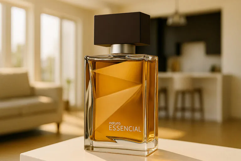 Foto de Colonia Essencial classico em uma superficie branca dentro de uma sala de estar com cozinha americana ao fundo e sofa branco. com luz natural