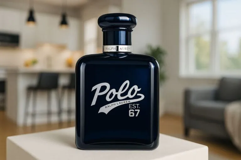 Frasco elegante de perfume masculino Polo Ralph Lauren Est. 67 em destaque sobre superfície branca, com fundo desfocado de sala de estar moderna e sofisticada com cozinha americana iluminada por luz natural. Transmite uma sensação de evolução e estilo masculino refinado.