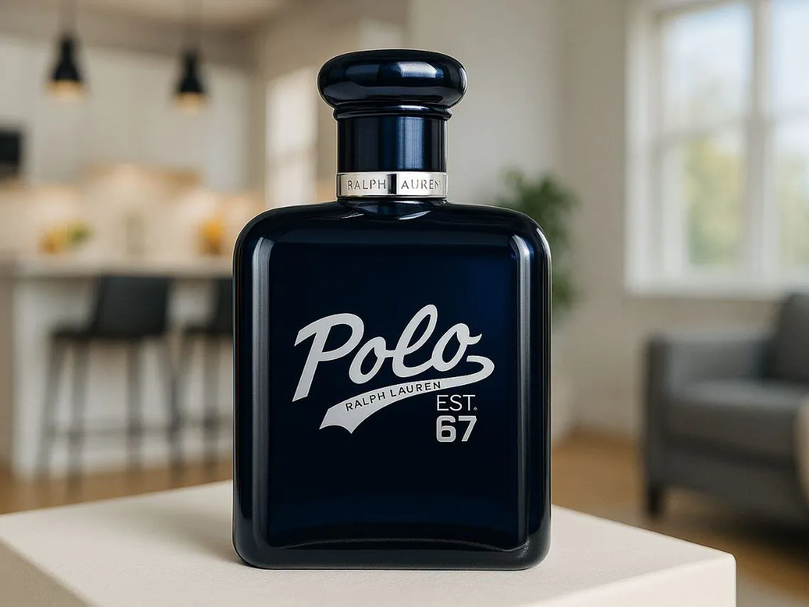 Frasco elegante de perfume masculino Polo Ralph Lauren Est. 67 em destaque sobre superfície branca, com fundo desfocado de sala de estar moderna e sofisticada com cozinha americana iluminada por luz natural. Transmite uma sensação de evolução e estilo masculino refinado.