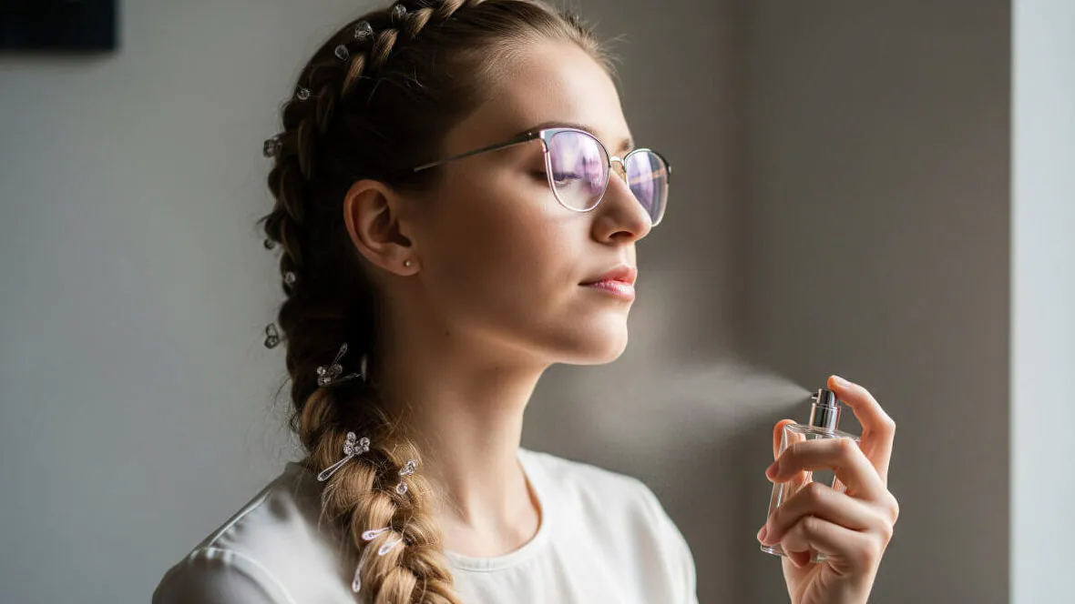 Uma foto minimalista de uma moça loira com óculos e trança, aplicando perfume em seu pescoço