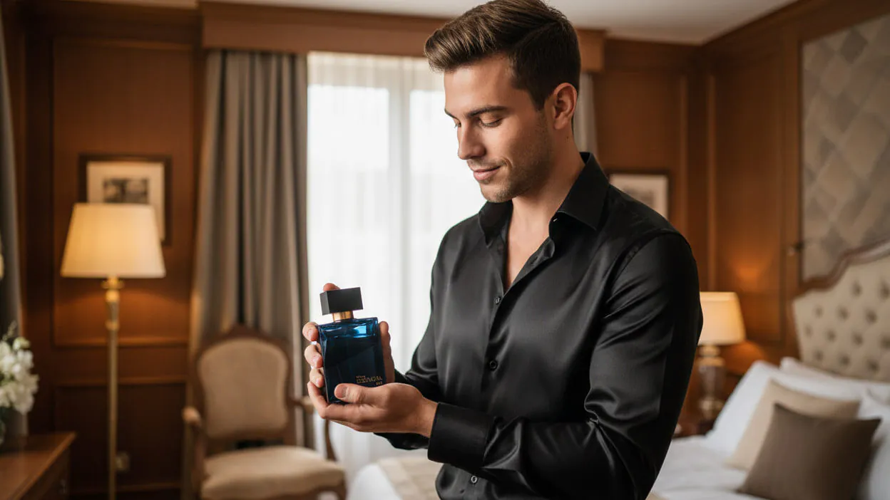 Homem elegante com perfume Essencial oud nas mãos em um quarto com iluminação natural