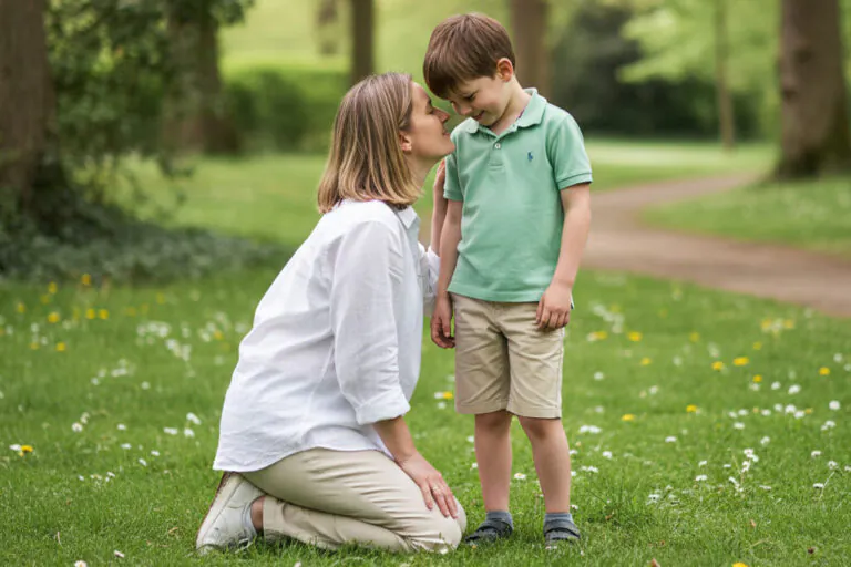 Mãe de joelhos, com os olhos fechados, cheirando suavemente a cabeça de seu filho de 9 anos em um parque ensolarado, transmitindo carinho e a pureza que remete ao perfume infantil.
