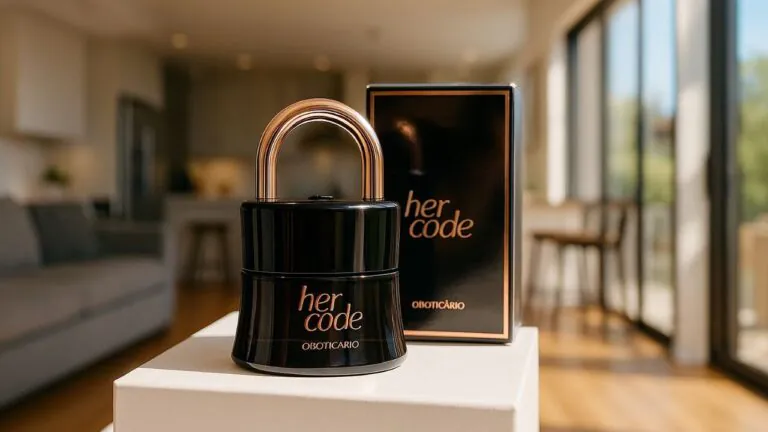 Frasco do perfume Her Code O Boticário em formato de cadeado preto com detalhe metálico rosé, posicionado sobre uma superfície branca, com a caixa do perfume ao fundo.