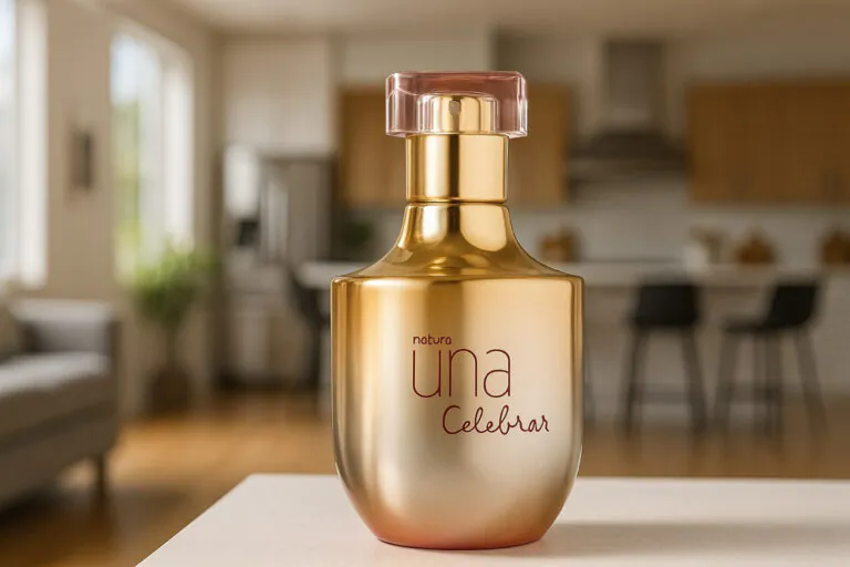 Imagem em close do frasco do perfume Una Celebrar da Natura. O frasco dourado com base rosada está sobre uma mesa, com o interior de uma sala de estar moderna e iluminada ao fundo, em desfoque.