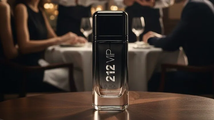 Frasco do perfume 212 VIP Black de Carolina Herrera centralizado em uma mesa de restaurante luxuoso à noite, com iluminação dramática e fundo bokeh desfocado mostrando garçons e convidados elegantes