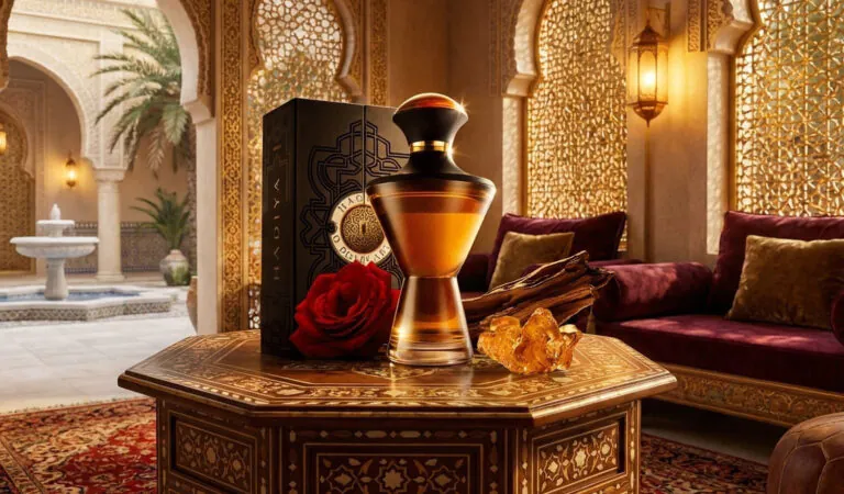 Frasco do Eau de Parfum Hadiya O Boticário e sua caixa preta e dourada sobre uma mesa ornamentada, cercados por uma rosa vermelha, madeira de Oud e cristais de âmbar em um cenário de palácio árabe luxuoso.