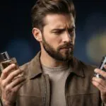 Homem jovem e barbudo com expressão de dúvida, segurando um frasco de perfume original em uma mão e um perfume dupe (contratipo) na outra, comparando as duas opções.