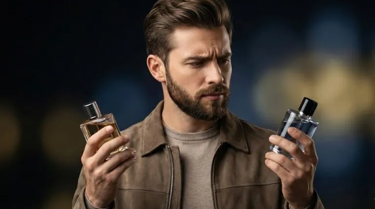 Homem jovem e barbudo com expressão de dúvida, segurando um frasco de perfume original em uma mão e um perfume dupe (contratipo) na outra, comparando as duas opções.