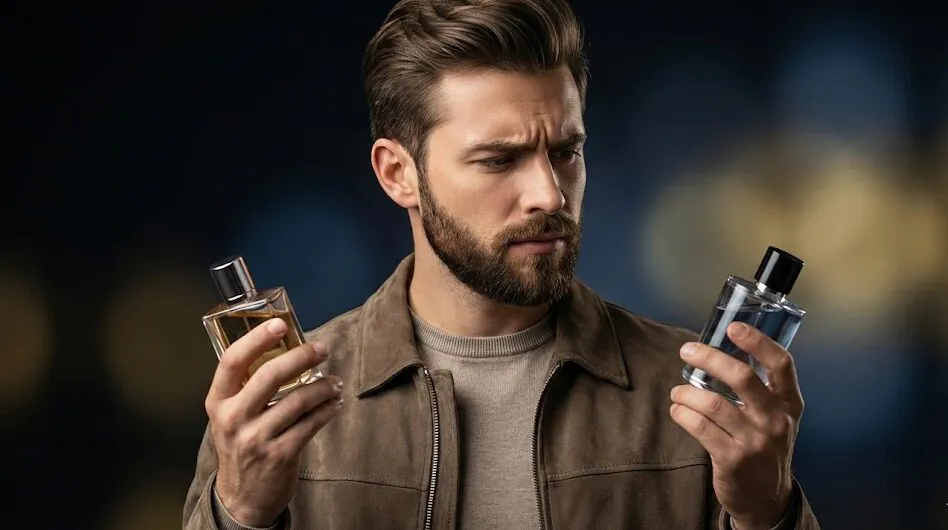 Homem jovem e barbudo com expressão de dúvida, segurando um frasco de perfume original em uma mão e um perfume dupe (contratipo) na outra, comparando as duas opções.
