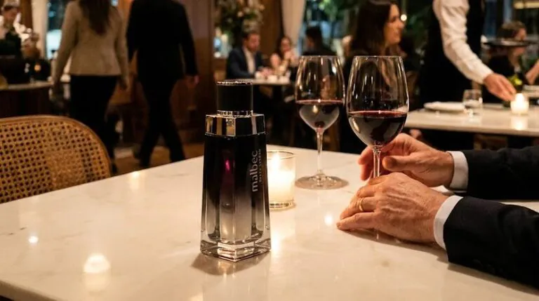 Frasco do perfume Malbec Black Legend sobre mesa branca em jantar romântico à noite com taças de vinho tinto. Cenário de restaurante de luxo com homem sofisticado e garçom ao fundo, ilustrando os melhores perfumes masculinos amadeirados para a noite.
