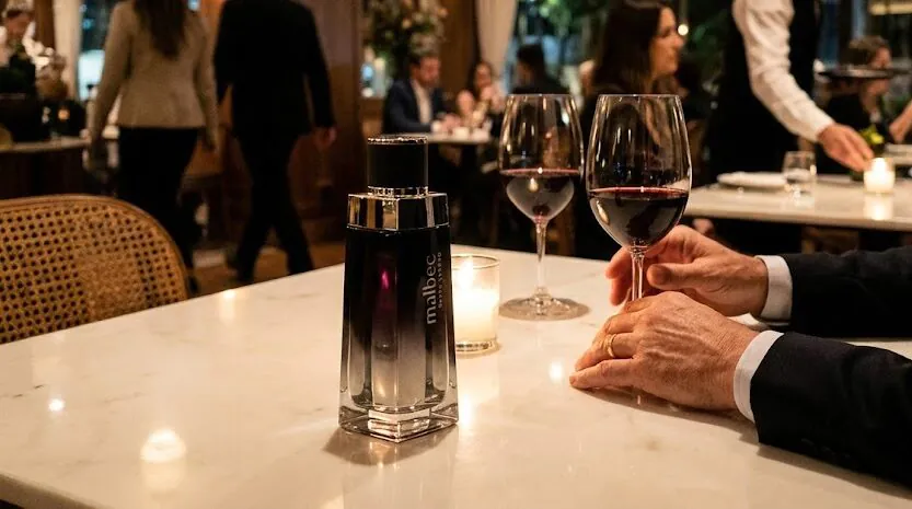 Frasco do perfume Malbec Black Legend sobre mesa branca em jantar romântico à noite com taças de vinho tinto. Cenário de restaurante de luxo com homem sofisticado e garçom ao fundo, ilustrando os melhores perfumes masculinos amadeirados para a noite.