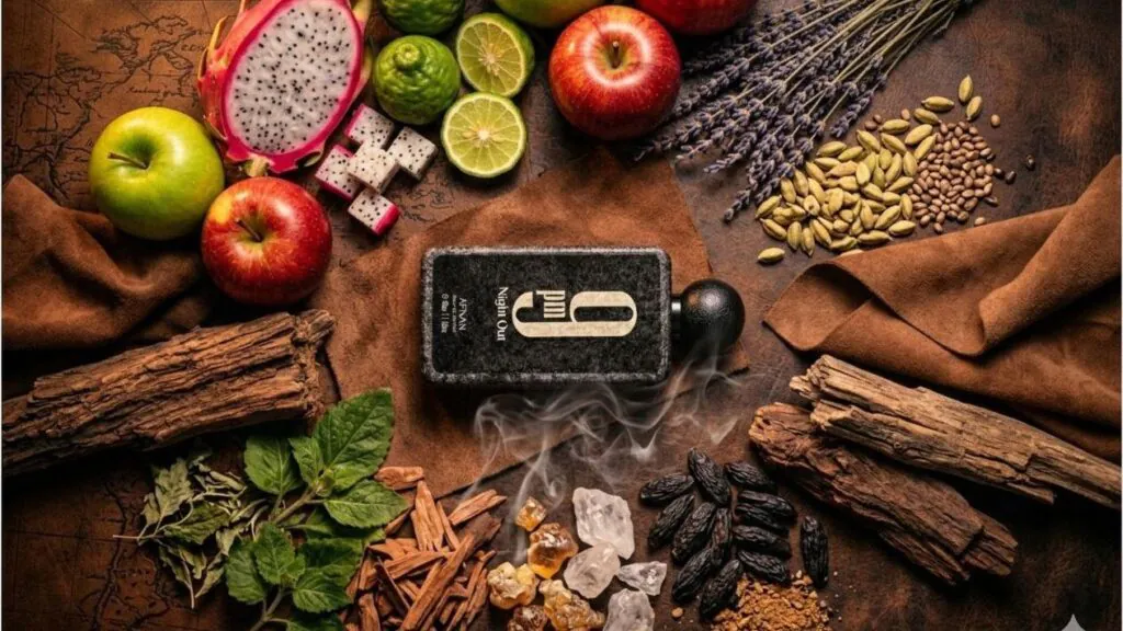 Foto flat lay vista de cima mostrando o frasco de perfume Afnan "9 pm Night Out" cercado por frutas, madeiras, especiarias e folhas sobre uma superfície de couro.